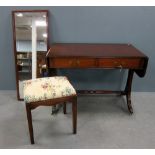 Mahogany sofa table on twin end supports, mahogany stool and a mahogany framed mirror