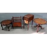 Mahogany workbox table, mahogany pie crust occasional table, oak tilt top circular low table and a