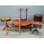 Pine towel rail, mahogany drum table, oval coffee table, mahogany rectangular wine table,