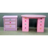 Painted oval topped pedestal desk and a similar three drawer chest