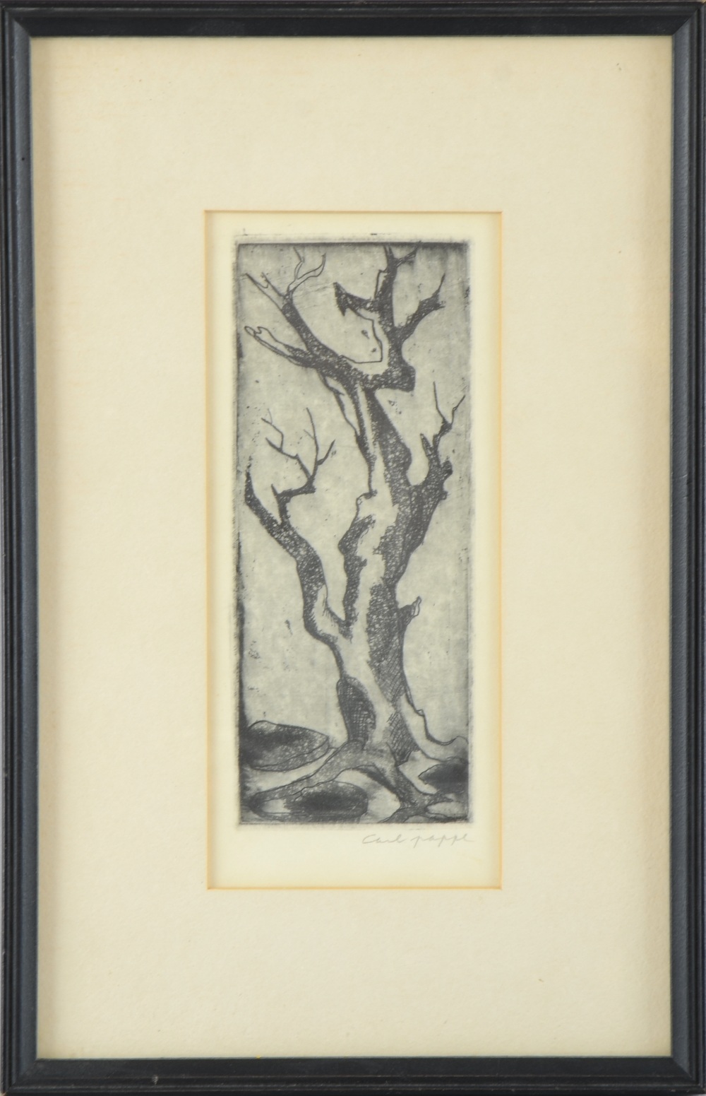 Carl Pappe (American), print depicting a tree, signed in pencil to lower margin, framed, 18cm x 7.