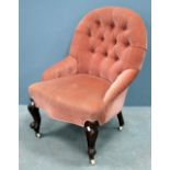 19th century mahogany framed button back pink upholstered nursing chair