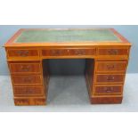 Yew pedestal desk with green leather inset top Surface scratches throughout, scuffs to edges