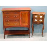 Walnut bedside table of two drawers with porcelain plaques and gilt metal mounts and a mahogany