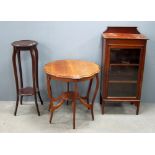 Mahogany glazed cabinet, oak two tiered occasional and a mahogany plant stand