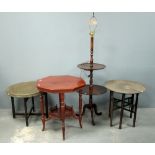 Mahogany two tiered dumb waiter converted into standard lamp, two benares tables and a octagonal two