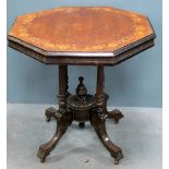 Walnut octagonal two tiered lamp table with marquetry inlay to top