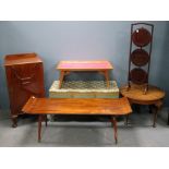 Walnut music cabinet, occasional table, three tiered cake stand, linen box, fold away tray and a