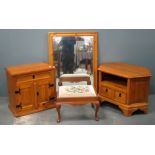 Pine corner stand, another similar cabinet, pine framed mirror and a stool