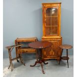 Mahogany pie crust table, yew corner cabinet, two tiered occasional table, oak trolley and an