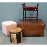 Mahogany blanket trunk, piano stool and two animal skin and upholstered footstools