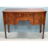 Mahogany bowfront sideboard, central drawer flanked by cupboard doors on square tapering legs to