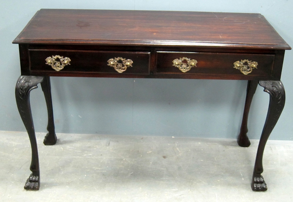 Early 20th century mahogany side table of two drawers, stamped M.Butler of Dublin, on carved - Image 2 of 2