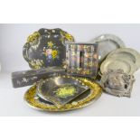 Five 18th Century pewter plates and a collection of papier mache items and two boxes and a carved