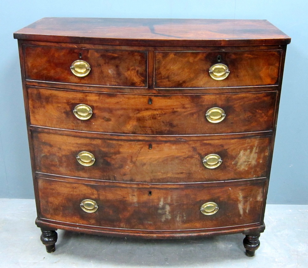 19th century mahogany bowfront chest of two short over three long graduated drawers to turned - Image 2 of 2