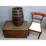 Wooden trunk an oak and metal mount barrel form stick stand and three mahogany bar back chairs