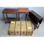 Two mahogany side tables a mahogany sutherland table and a canvas trunk