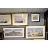 Three prints of sailing ships and two Japanese style prints