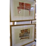 Pair of prints of pianos and a print of a cat and another of a building