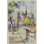 M Tellier watercolour Notre Dame Paris together with another similar smaller 20cm x 13cm