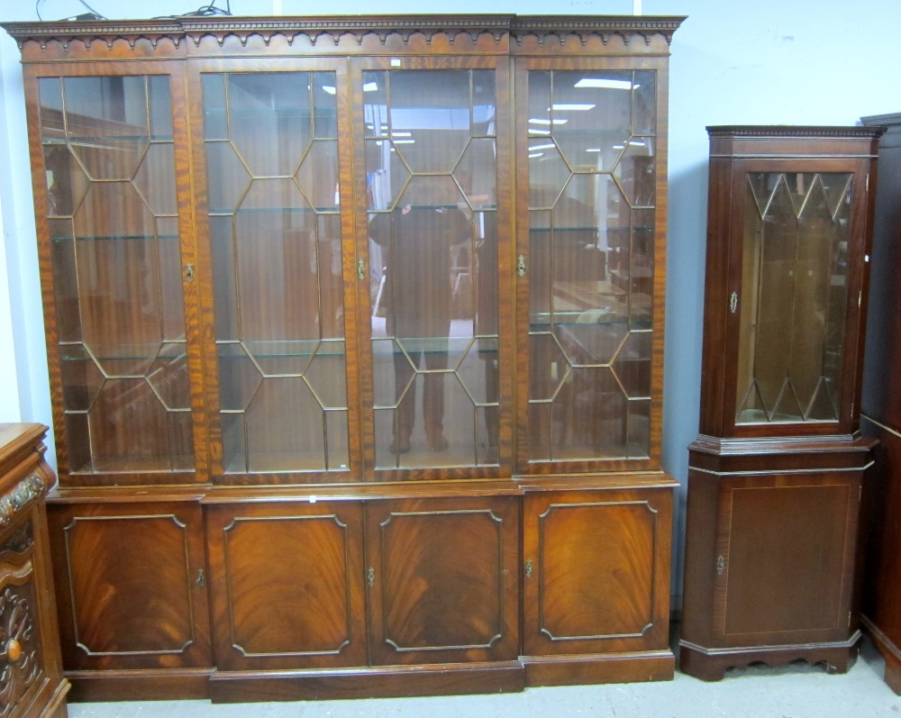 Mahogany reproduction bookcase and a mahogany corner cupboard 215cm x 206cm x 40cm