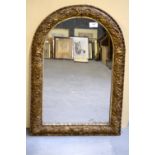 Early 20th C Arch top mirror with Art Nouveau decoration of poppies pinewood back , 67 x 46 cm