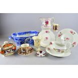 Staffordshire blue and white tureen and cover, a Sunderland jug, four pieces of Derby Ruskin
