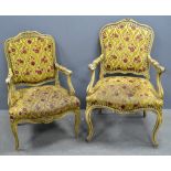 Pair of French style painted and upholstered armchairs