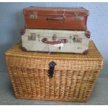 A Large wicker hamper and two vintage suitcases Hamper - 55cm x 92cm x 54cm, Brown suitcase - 18cm x