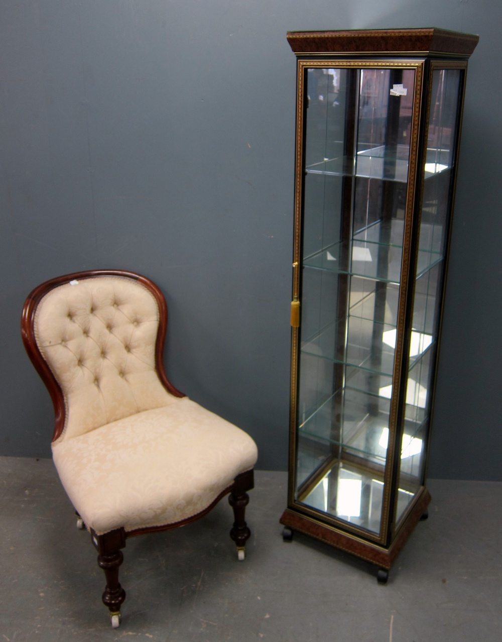 Italian display cabinet and a Mahogany button back nursing chair 164cm x 40cm x 40cm