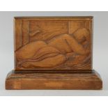 Relief carved wooden plaque on stand, Leda and the swan, on plinth base 20cm by 28cm