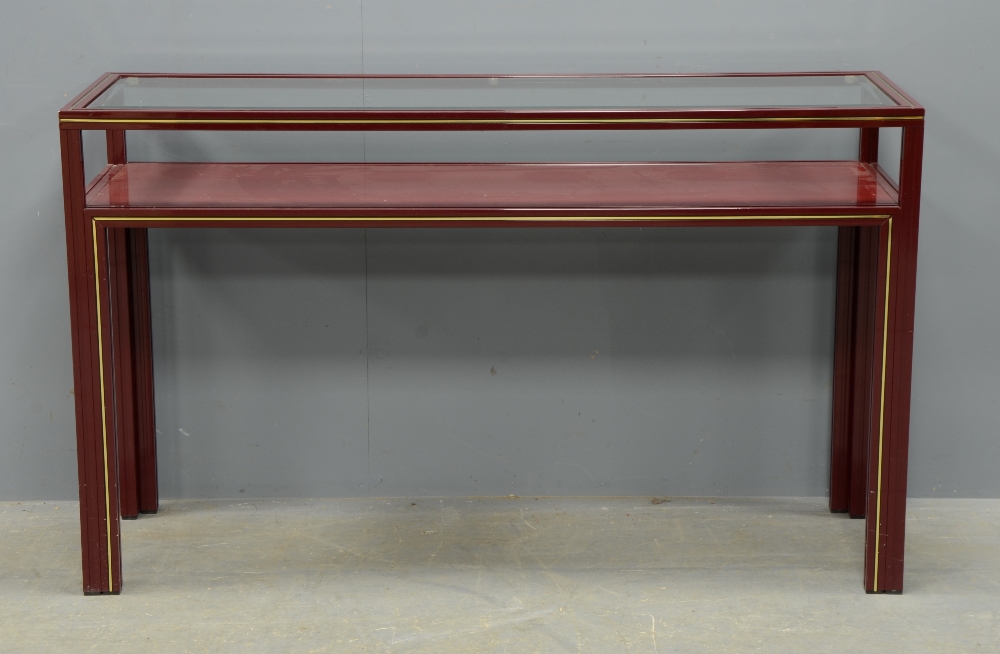 Pierre Vandel Paris Burgundy metal  and glass two tier  table 75cm h 128cm w 40cm d