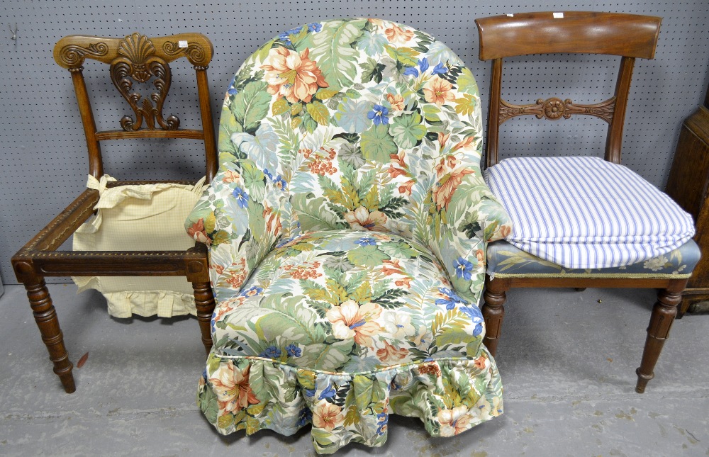 Painted fire surround Beech framed armchair and two other chairs