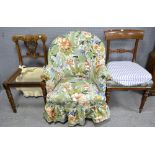 Painted fire surround Beech framed armchair and two other chairs