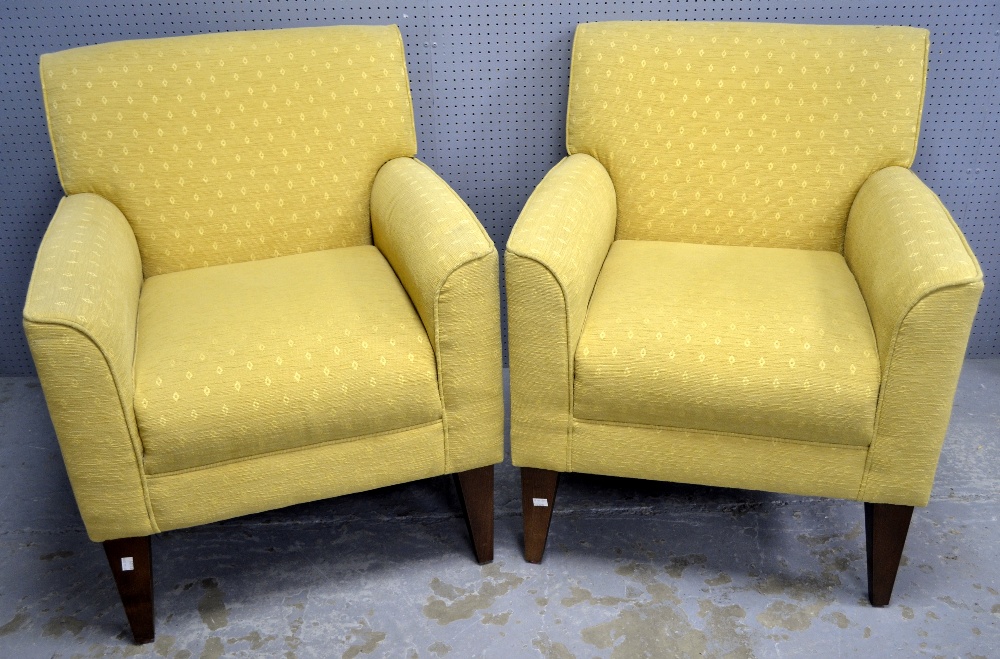 Pair of yellow upholstered armchairs Structurally sound, in good used order, would benefit from