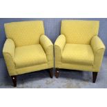 Pair of yellow upholstered armchairs Structurally sound, in good used order, would benefit from