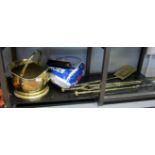 Set of cast brass fire irons, a similar coal bucket, an iron fireback, basket, skillett and set of
