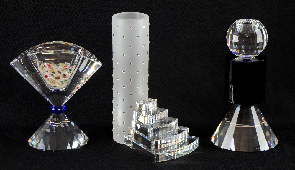Three sculptural Swarovski crystal glass vases, Lighthouse form with paste studs a fan form vase and - Image 2 of 2