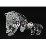 Swarovski crystal glass grizzly bear together with cub holding a fish, boxed.