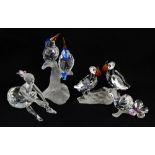 Swarovski crystal glass bird groups, kingfishers, puffins, baby bird together with ballerina, boxed.