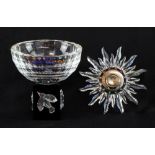 Swarovski cut glass bowl on black mirrored stand set with four mirrored birds and coloured crystals,