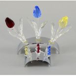 Swarovski crystal set of three coloured tulips, red, yellow and blue with display stand and nine
