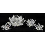 Two waterlily candle holders and two glass orchids, Swarovski silver crystal, boxed,