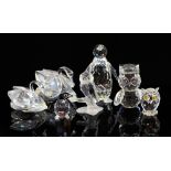 Swarovski crystal glass owls of various design and sizes, two swans and two penguins, (7 pieces),