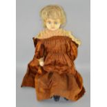 Early Victorian wax face doll, with blue glass eyes, composition arms and legs