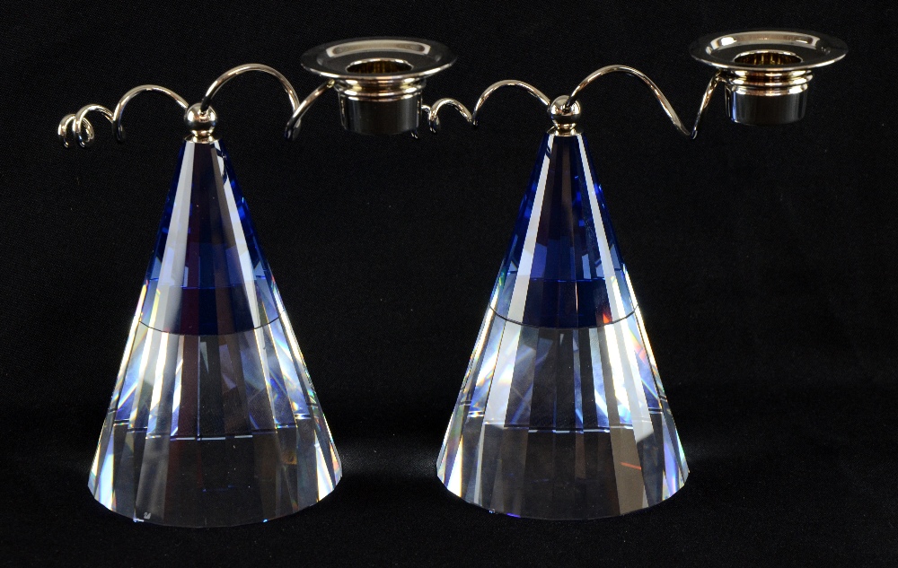 A pair of Swarovski crystal Aladdin candleholders, blue and clear  glass single candle holder, - Image 2 of 2