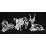 Swarovski crystal Inspiration Africa series, elephant, lion and kudu, nos. 169970, 185410, 175703,