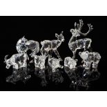 Swarovski crystal glass animals and others to include reindeer, fox, buffalo, kitten, bear with fish