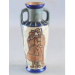 Quimper HB  Odetta range twin handled vase,  with tube lined decoration of a couple in traditional