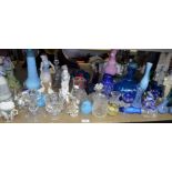 Seven Royal Copenhagen style figures and various clear and coloured glassware,